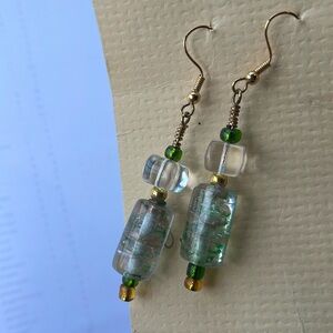 Clear Green & White Handmade Dangle Earrings